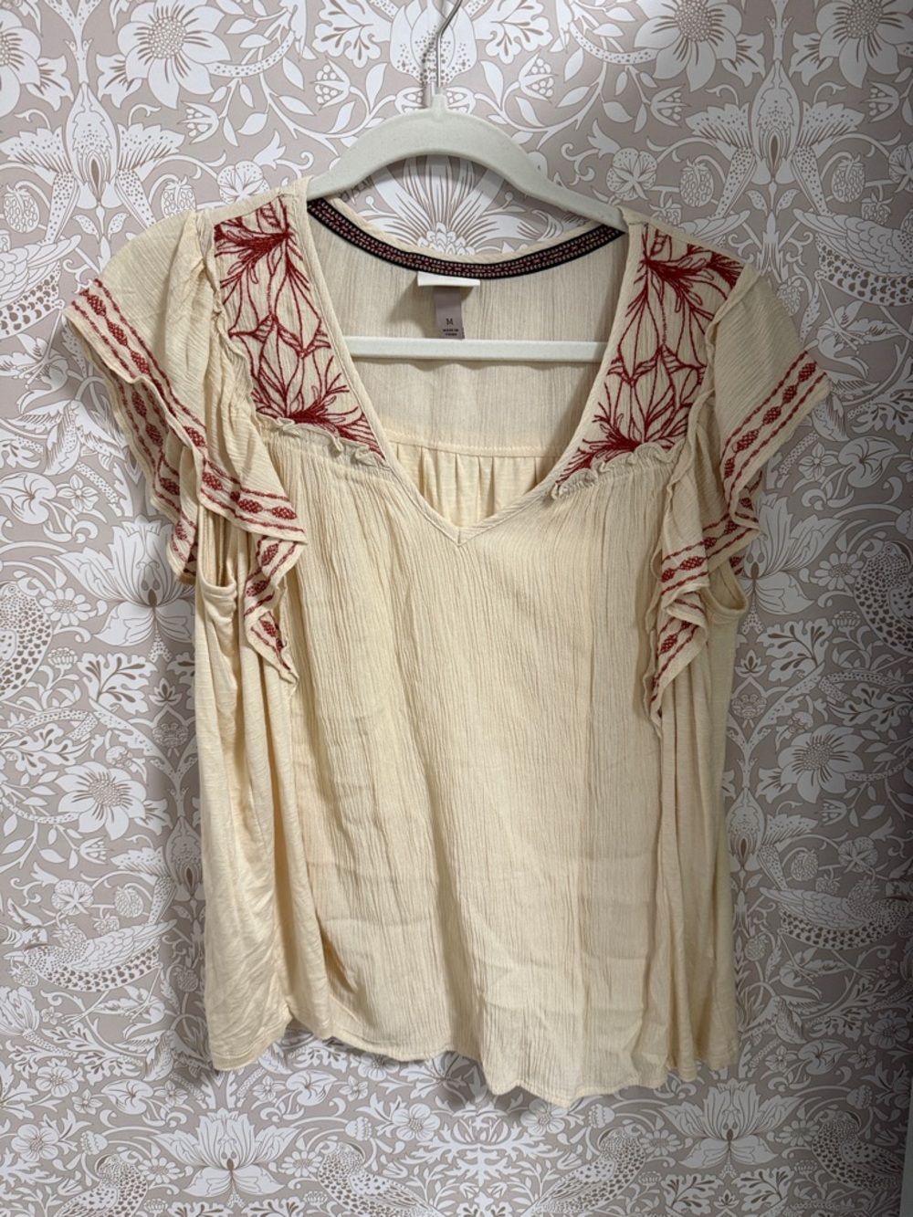 Knox Rose Cream V-Neck Flutter Sleeve Blouse with Red Embroidery
